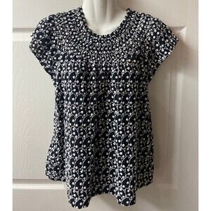 Loft Embroidered Blouse Cap Sleeve Black and White Petite Medium Embroidered